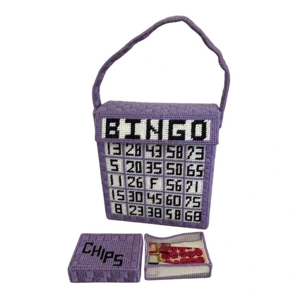 Handmade VTG Plastic Canvas Bingo Bag Joyce Purple Needlepoint Grandmacore Rare